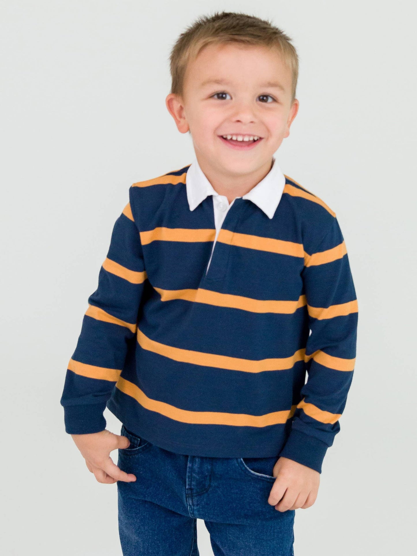 Boys Navy & Honey Wide Stripe Long Sleeve Rugby Polo