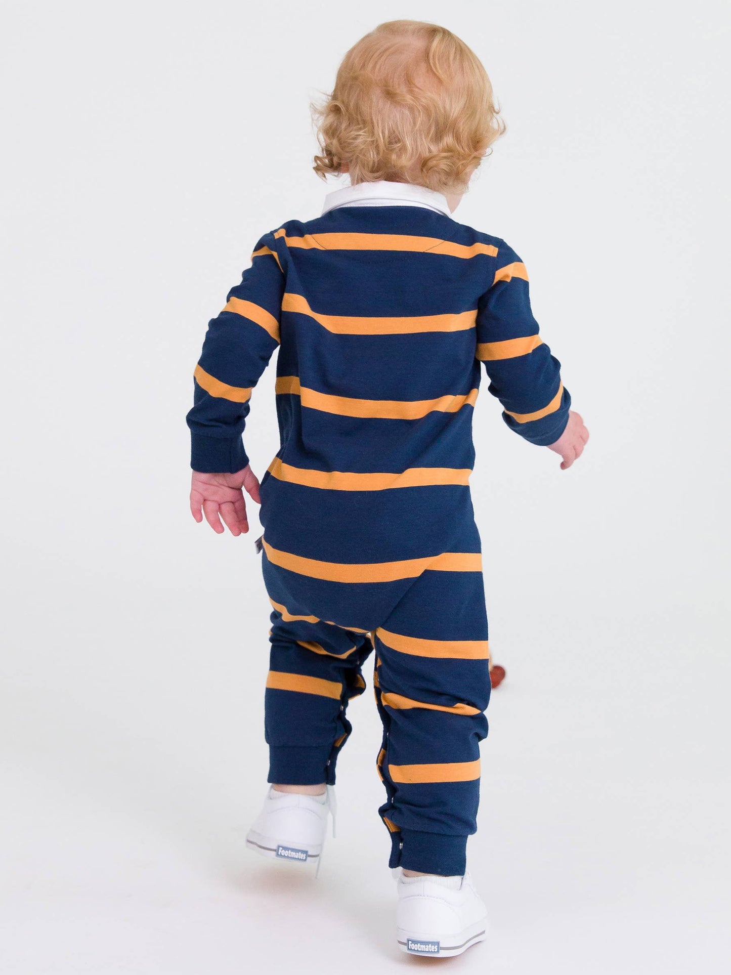 Baby Boys Navy & Honey Wide Stripe Rugby Polo Romper