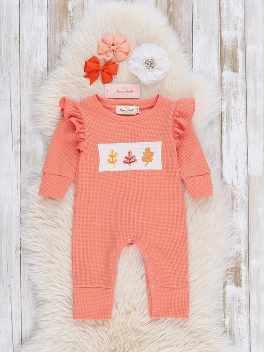 Orange Smocked Autumn Leaves Ruffle Romper