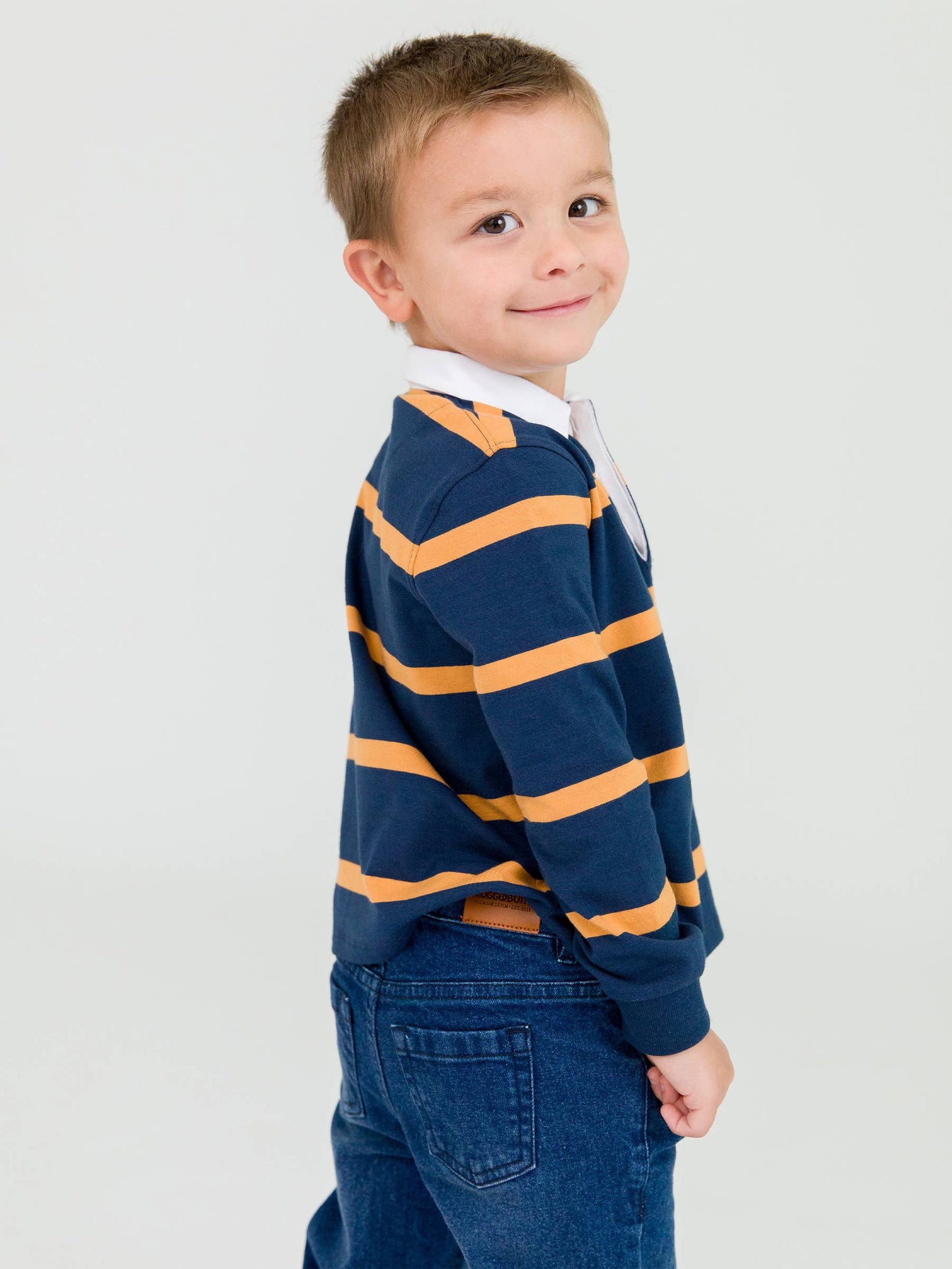 Boys Navy & Honey Wide Stripe Long Sleeve Rugby Polo