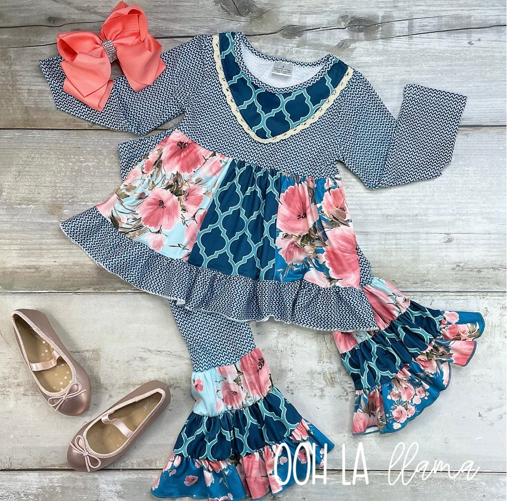 Blue Ruffle Ruffle Pant Set