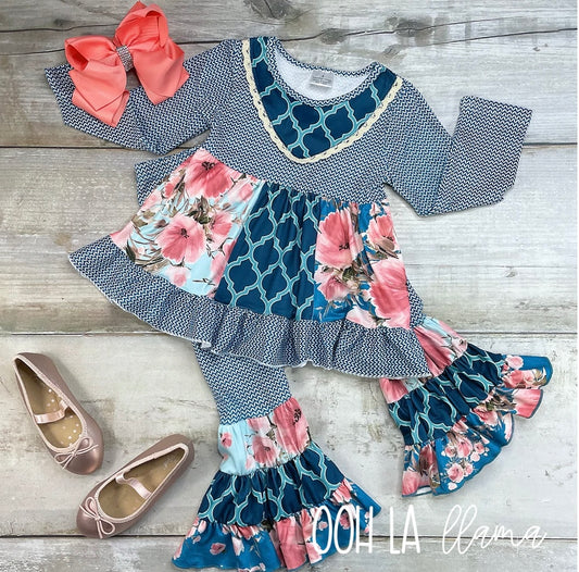 Blue Ruffle Ruffle Pant Set